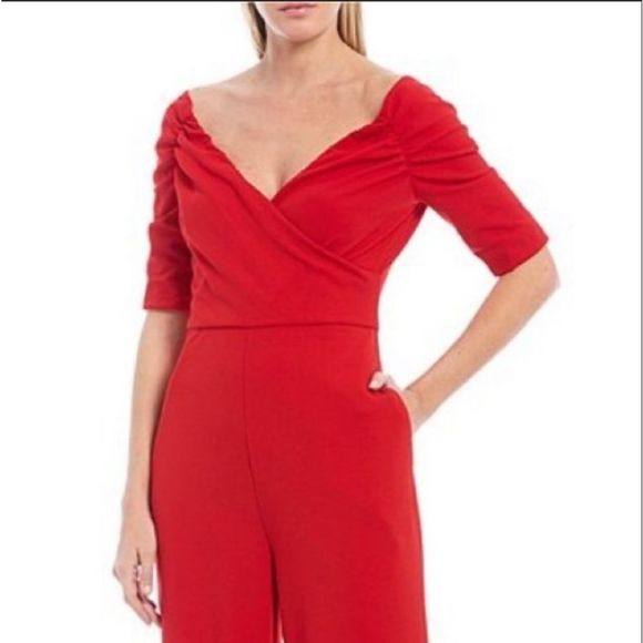 Badgley Mischka Belle Mia Red Ruched Crossover Neckline Wide Leg Jumpsui… - Picture 2 of 7